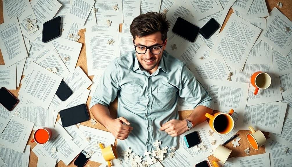 Man lying on papers with scattered phones, cups, and puzzle pieces around him.