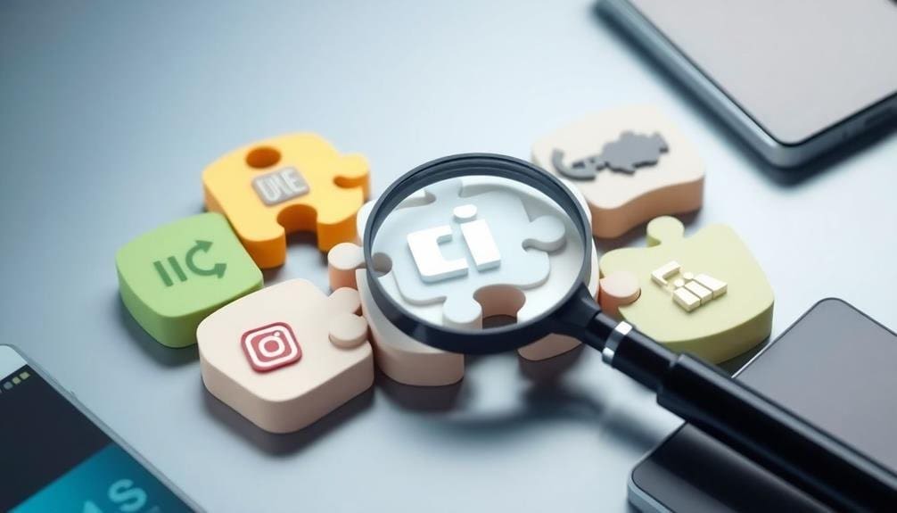 A magnifying glass over puzzle pieces with app icons, including Instagram, and a smartphone nearby.