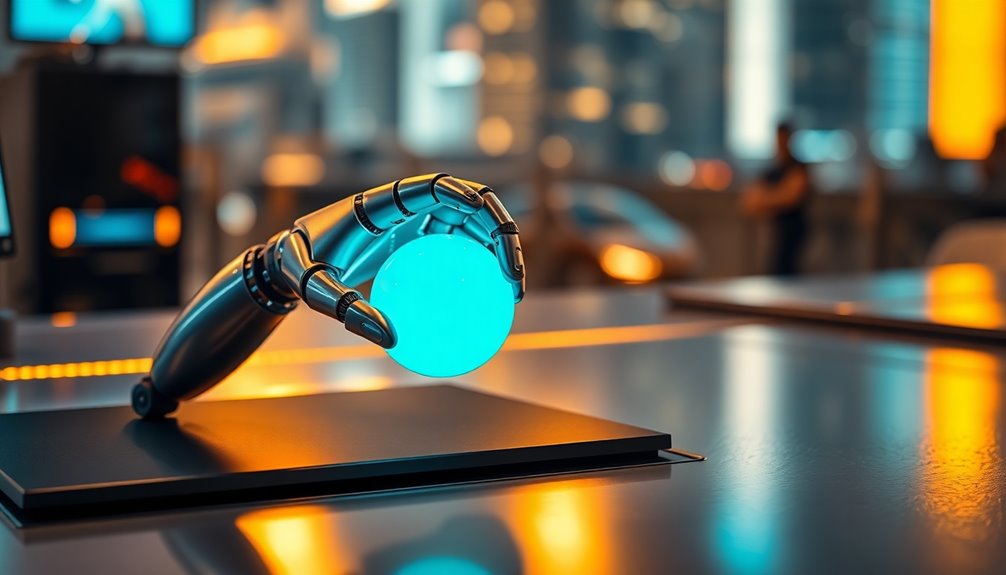 A robotic hand holds a glowing blue sphere on a sleek surface, hinting at creative use cases for chatbots in a futuristic setting.