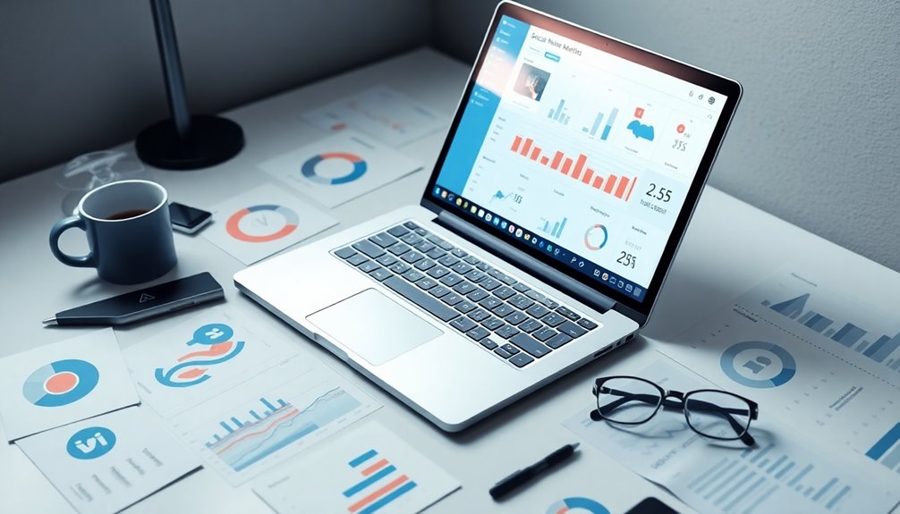 An open laptop displaying charts and graphs sits on a desk cluttered with papers, glasses, a pen, and a steaming coffee cup—a perfect setting for analyzing data-driven insights to enhance your marketing ROI.