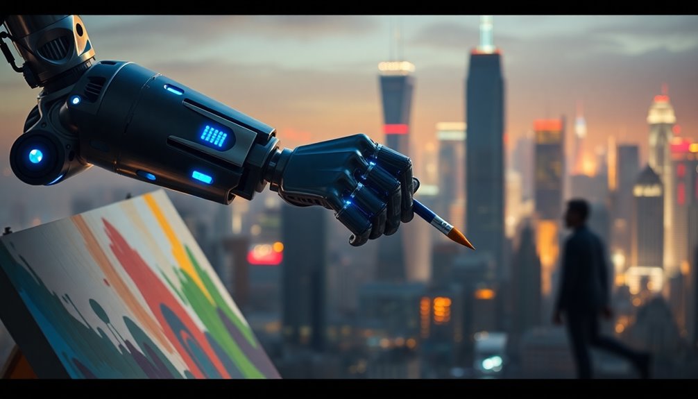 A robotic arm, driven by artificial intelligence, gracefully holds a paintbrush in front of a colorful canvas, with a city skyline forming the backdrop.