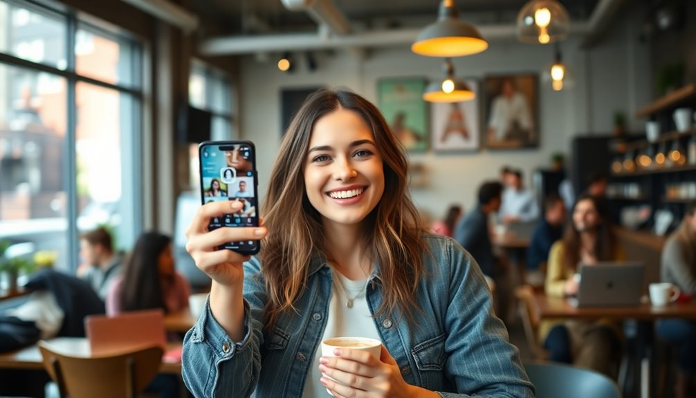 Smiling woman holding a phone and a cup of coffee in a cozy café setting, possibly drafting her next Social Media Marketing post.