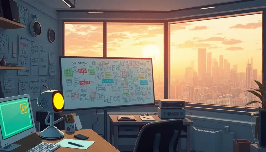 A creative workspace filled with the tools of idea generation. In the foreground, a desk with a retro-futuristic AI assistant, its glowing display inviting exploration. The middle ground features a whiteboard covered in colorful mind maps, sketches, and scribbles, conveying the dynamic process of ideation. In the background, a panoramic window offers a cityscape bathed in warm, golden light, hinting at the boundless possibilities awaiting beyond. The overall scene exudes an atmosphere of innovation, collaboration, and the power of generative AI to unlock human creativity. A creative workspace filled with the tools of idea generation. In the foreground, a desk with a retro-futuristic AI assistant, its glowing display inviting exploration. The middle ground features a whiteboard covered in colorful mind maps, sketches, and scribbles, conveying the dynamic process of ideation. In the background, a panoramic window offers a cityscape bathed in warm, golden light, hinting at the boundless possibilities awaiting beyond. The overall scene exudes an atmosphere of innovation, collaboration, and the power of generative AI to unlock human creativity.