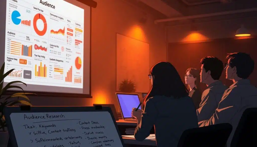 A dimly lit office space, with a team of researchers intently studying audience data on a large projection screen. Warm lighting creates a focused atmosphere, as they analyze heat maps, demographic insights, and user behavior metrics. In the foreground, a whiteboard displays keywords and content ideas, guiding their strategic planning. The scene conveys the process of audience research, informing SEO strategy to drive targeted traffic to a website. A dimly lit office space, with a team of researchers intently studying audience data on a large projection screen. Warm lighting creates a focused atmosphere, as they analyze heat maps, demographic insights, and user behavior metrics. In the foreground, a whiteboard displays keywords and content ideas, guiding their strategic planning. The scene conveys the process of audience research, informing SEO strategy to drive targeted traffic to a website.