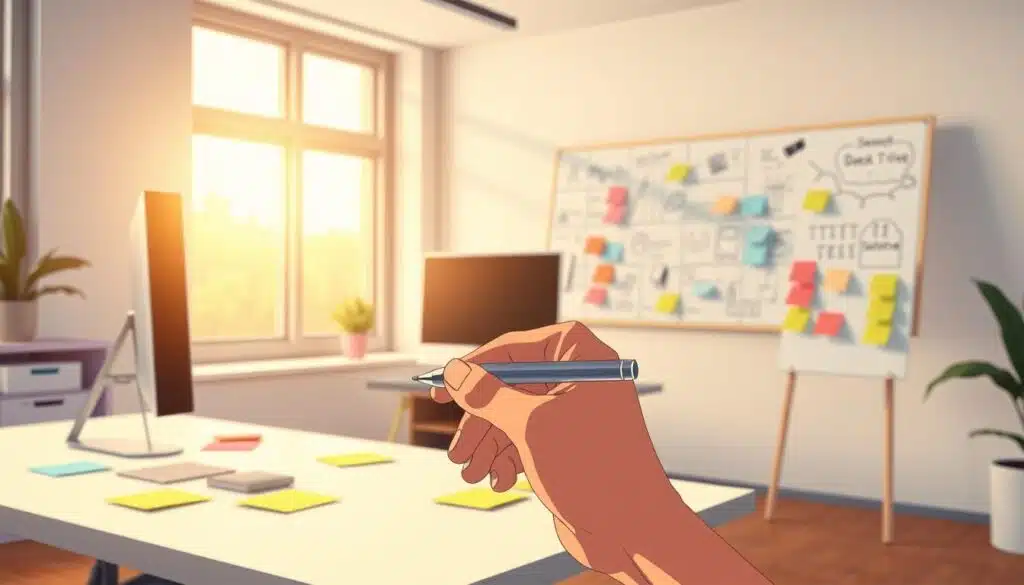 A modern office interior with a minimalist desk, sleek computer monitor, and an array of colorful sticky notes arranged in a visually appealing manner. The scene is bathed in warm, soft lighting from a large window, casting a pleasant glow over the workspace. In the foreground, a hand holding a pen is poised, ready to jot down ideas for designing an engaging conversational interface. The background features a whiteboard or bulletin board covered in sketches, diagrams, and notes, hinting at the collaborative nature of the conversation design process. The overall atmosphere conveys a sense of creativity, innovation, and focus on crafting seamless user experiences. A modern office interior with a minimalist desk, sleek computer monitor, and an array of colorful sticky notes arranged in a visually appealing manner. The scene is bathed in warm, soft lighting from a large window, casting a pleasant glow over the workspace. In the foreground, a hand holding a pen is poised, ready to jot down ideas for designing an engaging conversational interface. The background features a whiteboard or bulletin board covered in sketches, diagrams, and notes, hinting at the collaborative nature of the conversation design process. The overall atmosphere conveys a sense of creativity, innovation, and focus on crafting seamless user experiences.