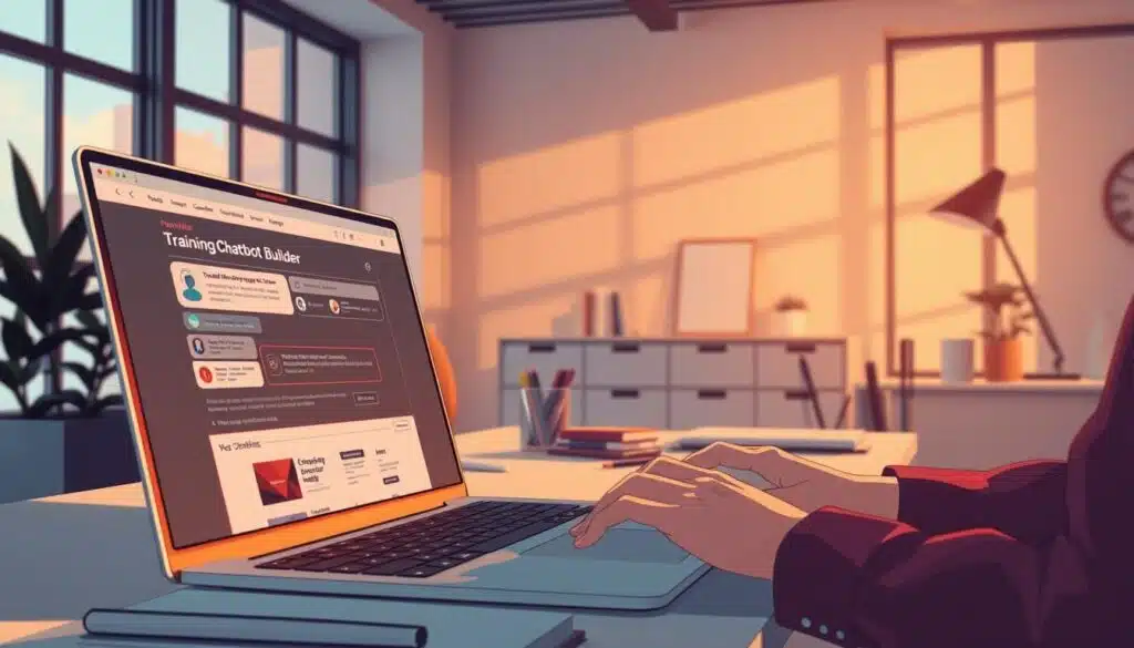 A modern office workspace, bathed in warm, directional lighting from large windows. In the foreground, a laptop displays a website's backend interface, showcasing a chatbot builder tool. Alongside the laptop, a person's hands type commands, training the chatbot by fine-tuning it from the existing website content. In the middle ground, various productivity tools and stationery items are neatly arranged, reflecting a focused, methodical approach. The background features minimalist decor, emphasizing the digital nature of the task at hand. The overall mood is one of efficiency and streamlined content curation, as the chatbot is crafted to seamlessly integrate with the website's existing material. A modern office workspace, bathed in warm, directional lighting from large windows. In the foreground, a laptop displays a website's backend interface, showcasing a chatbot builder tool. Alongside the laptop, a person's hands type commands, training the chatbot by fine-tuning it from the existing website content. In the middle ground, various productivity tools and stationery items are neatly arranged, reflecting a focused, methodical approach. The background features minimalist decor, emphasizing the digital nature of the task at hand. The overall mood is one of efficiency and streamlined content curation, as the chatbot is crafted to seamlessly integrate with the website's existing material.