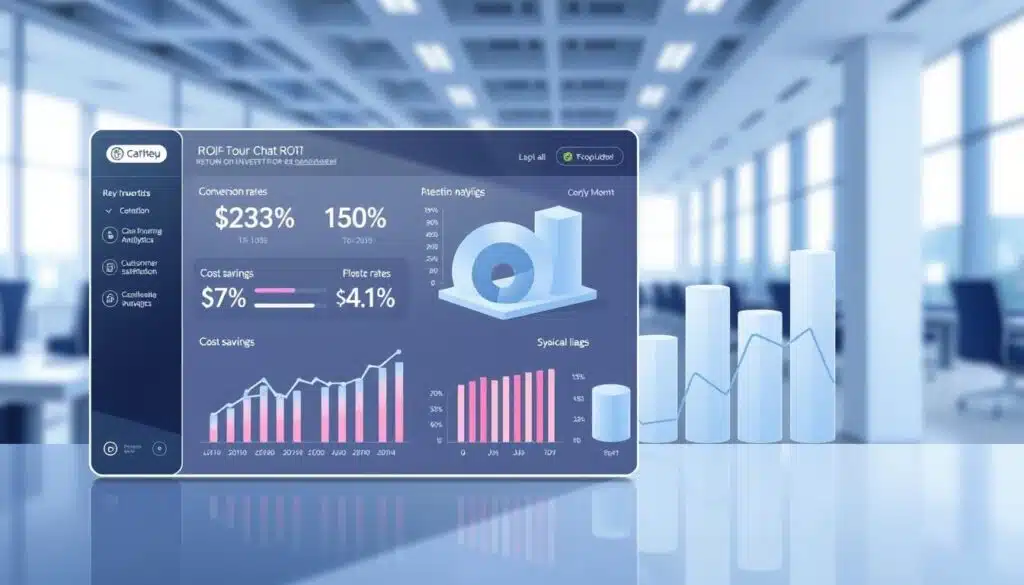 A pristine, high-contrast digital illustration depicting the key metrics and data visualizations for measuring the return on investment (ROI) of a successful chatbot program. In the foreground, a sleek, minimalist dashboard displays real-time analytics - conversion rates, customer satisfaction scores, and cost savings. The middle ground features a three-dimensional bar chart, pie chart, and line graph, highlighting the financial impact and scalability of the chatbot. The background is a softly blurred landscape of a modern office, conveying a sense of professionalism and strategic business intelligence. The overall composition is clean, modern, and designed to communicate the value and measurable results of an effective chatbot implementation. A pristine, high-contrast digital illustration depicting the key metrics and data visualizations for measuring the return on investment (ROI) of a successful chatbot program. In the foreground, a sleek, minimalist dashboard displays real-time analytics - conversion rates, customer satisfaction scores, and cost savings. The middle ground features a three-dimensional bar chart, pie chart, and line graph, highlighting the financial impact and scalability of the chatbot. The background is a softly blurred landscape of a modern office, conveying a sense of professionalism and strategic business intelligence. The overall composition is clean, modern, and designed to communicate the value and measurable results of an effective chatbot implementation.