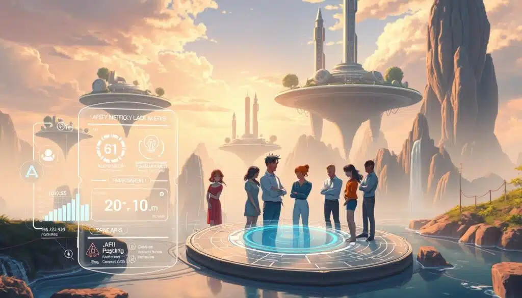 A serene, futuristic landscape with floating islands and cascading waterfalls. In the foreground, a holographic interface with various safety metrics and alert systems, displaying data on AI alignment, robustness, and transparency. In the middle ground, a group of diverse individuals collaborating on AI development, their expressions conveying a sense of purpose and responsibility. The background features towering, gleaming structures and a softly glowing sky, suggesting an advanced, harmonious society where AI is seamlessly integrated and carefully regulated. Warm, diffused lighting casts a calming, contemplative atmosphere over the scene. A serene, futuristic landscape with floating islands and cascading waterfalls. In the foreground, a holographic interface with various safety metrics and alert systems, displaying data on AI alignment, robustness, and transparency. In the middle ground, a group of diverse individuals collaborating on AI development, their expressions conveying a sense of purpose and responsibility. The background features towering, gleaming structures and a softly glowing sky, suggesting an advanced, harmonious society where AI is seamlessly integrated and carefully regulated. Warm, diffused lighting casts a calming, contemplative atmosphere over the scene.