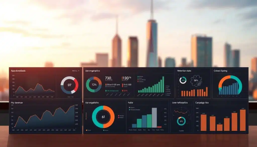 A sleek, modern dashboard displaying a variety of mobile key performance indicators (KPIs). In the foreground, crisp line graphs and circular gauges track metrics like app downloads, user engagement, and revenue. The middle ground features various data visualization tiles, presenting information about user demographics, retention rates, and campaign performance. In the background, a blurred cityscape with skyscrapers and mobile devices suggests the dynamic, technology-driven nature of the app landscape. Warm, subtle lighting casts an aura of professionalism and insights, inviting the viewer to dive deep into the data and optimize their mobile app strategy. A sleek, modern dashboard displaying a variety of mobile key performance indicators (KPIs). In the foreground, crisp line graphs and circular gauges track metrics like app downloads, user engagement, and revenue. The middle ground features various data visualization tiles, presenting information about user demographics, retention rates, and campaign performance. In the background, a blurred cityscape with skyscrapers and mobile devices suggests the dynamic, technology-driven nature of the app landscape. Warm, subtle lighting casts an aura of professionalism and insights, inviting the viewer to dive deep into the data and optimize their mobile app strategy.