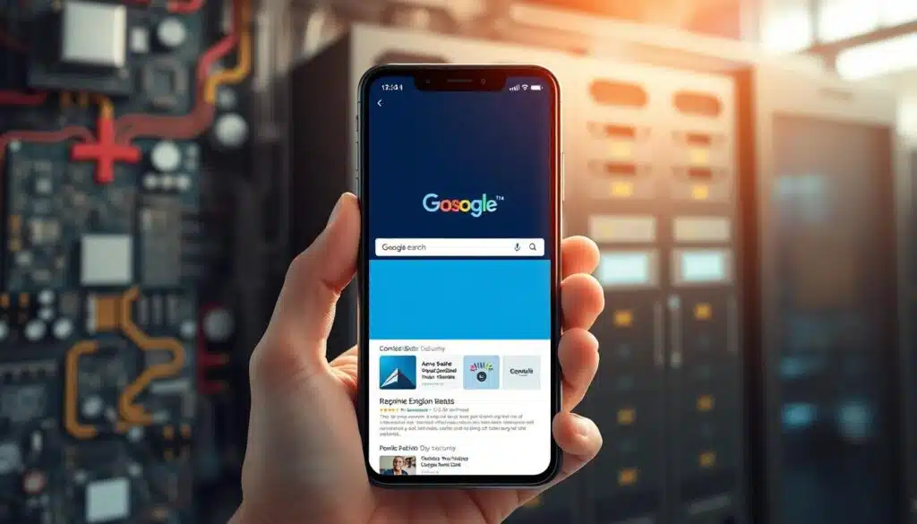 A sleek, modern mobile device centered in the frame, its screen displaying a responsive web design optimized for search engine visibility. The device is held in a hand against a blurred background of circuit boards, data servers, and other technology components symbolizing the technical aspects of SEO. Warm, directional lighting highlights the screen's crisp, high-resolution display, conveying a sense of efficiency and performance. The composition emphasizes the importance of mobile optimization for search engine discoverability, a key aspect of technical SEO. A sleek, modern mobile device centered in the frame, its screen displaying a responsive web design optimized for search engine visibility. The device is held in a hand against a blurred background of circuit boards, data servers, and other technology components symbolizing the technical aspects of SEO. Warm, directional lighting highlights the screen's crisp, high-resolution display, conveying a sense of efficiency and performance. The composition emphasizes the importance of mobile optimization for search engine discoverability, a key aspect of technical SEO.