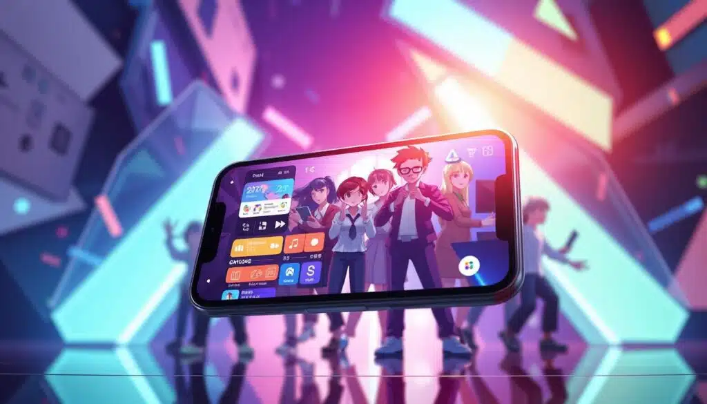 A vibrant, highly detailed video ad creative, showcasing a mobile app in a dynamic, visually striking manner. The foreground features a sleek, modern mobile device displaying an engaging, interactive mobile app interface. The middle ground includes a cast of stylized, expressive human characters interacting with the app, conveying a sense of energy and excitement. The background is a blend of bold, geometric shapes and patterns, creating a visually striking, futuristic atmosphere. The lighting is dramatic, with a mix of soft, ambient illumination and strategic highlights, adding depth and dimension to the scene. The overall composition is balanced and visually captivating, drawing the viewer's attention to the core features and benefits of the mobile app. A vibrant, highly detailed video ad creative, showcasing a mobile app in a dynamic, visually striking manner. The foreground features a sleek, modern mobile device displaying an engaging, interactive mobile app interface. The middle ground includes a cast of stylized, expressive human characters interacting with the app, conveying a sense of energy and excitement. The background is a blend of bold, geometric shapes and patterns, creating a visually striking, futuristic atmosphere. The lighting is dramatic, with a mix of soft, ambient illumination and strategic highlights, adding depth and dimension to the scene. The overall composition is balanced and visually captivating, drawing the viewer's attention to the core features and benefits of the mobile app.