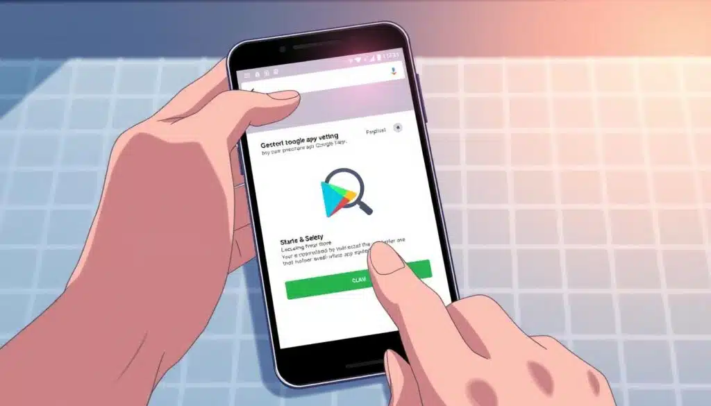 A well-lit mobile device screen showcasing the Google Play Store interface, with a focus on the security and safety features. In the foreground, a hand hovers over the app download button, conveying cautious consideration. The middle ground features a magnifying glass icon, symbolizing the importance of thorough app vetting. In the background, a subtle grid pattern evokes a sense of structure and order, complementing the theme of controlled and responsible app selection. The overall scene exudes a professional, trustworthy atmosphere, guiding the viewer towards making informed and secure app download decisions. A well-lit mobile device screen showcasing the Google Play Store interface, with a focus on the security and safety features. In the foreground, a hand hovers over the app download button, conveying cautious consideration. The middle ground features a magnifying glass icon, symbolizing the importance of thorough app vetting. In the background, a subtle grid pattern evokes a sense of structure and order, complementing the theme of controlled and responsible app selection. The overall scene exudes a professional, trustworthy atmosphere, guiding the viewer towards making informed and secure app download decisions.