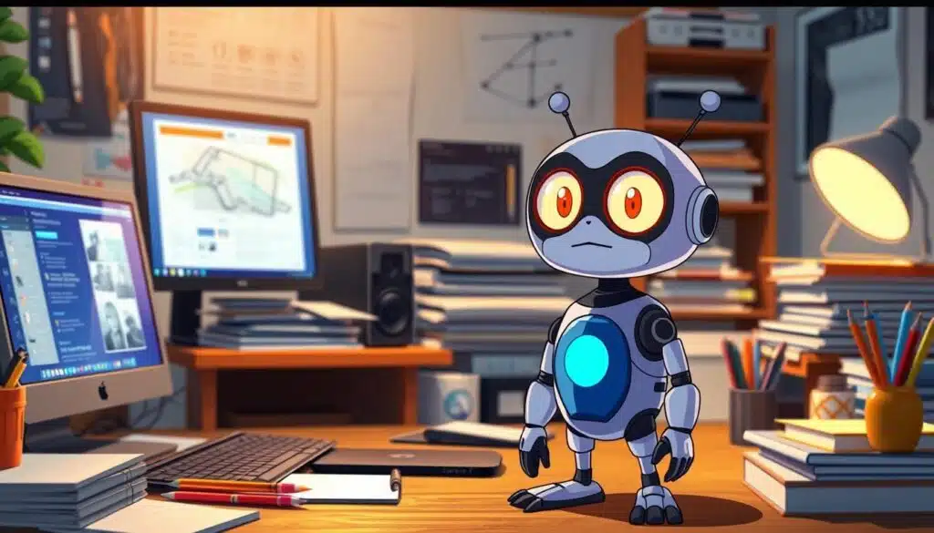 A workspace filled with the tools of the modern content creator's trade - a sleek computer, a tablet for digital sketching, stacks of notepads and pens. In the foreground, ChatGPT stands ready, its eyes filled with anticipation, waiting to assist the artist in their creative process. Soft, warm lighting illuminates the scene, casting a cozy, productive atmosphere. The background is blurred, focusing the viewer's attention on the central elements - the human and the AI, collaborating to unleash new ideas and push the boundaries of what's possible in content creation. A workspace filled with the tools of the modern content creator's trade - a sleek computer, a tablet for digital sketching, stacks of notepads and pens. In the foreground, ChatGPT stands ready, its eyes filled with anticipation, waiting to assist the artist in their creative process. Soft, warm lighting illuminates the scene, casting a cozy, productive atmosphere. The background is blurred, focusing the viewer's attention on the central elements - the human and the AI, collaborating to unleash new ideas and push the boundaries of what's possible in content creation.