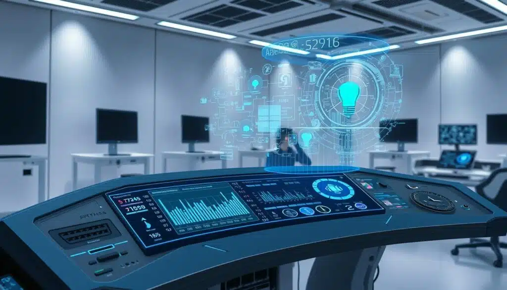 Sleek, high-tech diagnostics console for AI system evaluation. In the foreground, a curved display shows real-time performance metrics and system health indicators. Surrounding the display, a web of advanced circuitry and data ports, illuminated by a cool, blue-tinged lighting. In the middle ground, holographic projections dance, visualizing complex data and algorithms. The background is a minimalist, futuristic laboratory setting, with clean white walls and the faint glow of additional monitors. An atmosphere of precision, innovation, and the relentless march of technological progress. Sleek, high-tech diagnostics console for AI system evaluation. In the foreground, a curved display shows real-time performance metrics and system health indicators. Surrounding the display, a web of advanced circuitry and data ports, illuminated by a cool, blue-tinged lighting. In the middle ground, holographic projections dance, visualizing complex data and algorithms. The background is a minimalist, futuristic laboratory setting, with clean white walls and the faint glow of additional monitors. An atmosphere of precision, innovation, and the relentless march of technological progress.