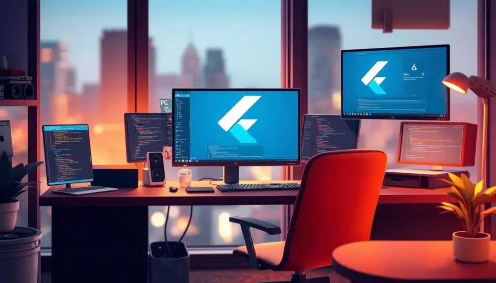 A cozy, well-lit workspace with a desk, chair, and computer monitor displaying the Flutter logo. The monitor is surrounded by various IDE tools and windows, such as code editors, debuggers, and emulators, all working together seamlessly. The lighting is warm and inviting, creating a productive and focused atmosphere. The background features a blurred cityscape, hinting at the global reach and versatility of the Flutter framework. The scene conveys the ease of use, robust tooling, and efficient development experience that Flutter provides for mobile app creation. A cozy, well-lit workspace with a desk, chair, and computer monitor displaying the Flutter logo. The monitor is surrounded by various IDE tools and windows, such as code editors, debuggers, and emulators, all working together seamlessly. The lighting is warm and inviting, creating a productive and focused atmosphere. The background features a blurred cityscape, hinting at the global reach and versatility of the Flutter framework. The scene conveys the ease of use, robust tooling, and efficient development experience that Flutter provides for mobile app creation.