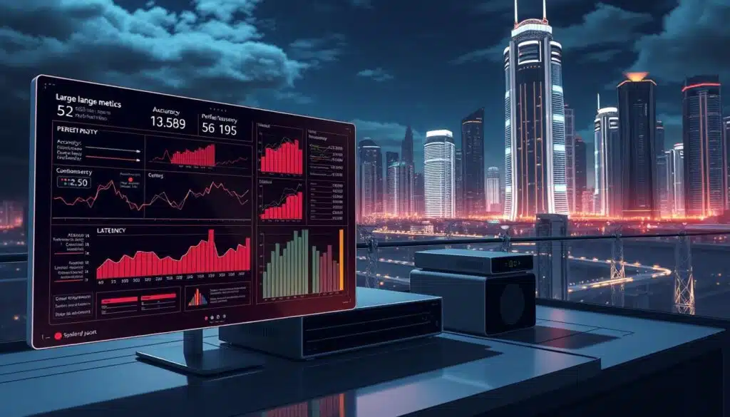 A detailed technical illustration depicting key performance metrics for large language models (LLMs). In the foreground, a holographic dashboard displays graphs, charts, and statistical visualizations showcasing accuracy, perplexity, latency, and other crucial LLM benchmarks. The middle ground features a sleek, minimalist workstation with high-end hardware components, hinting at the computational power required to train and deploy these advanced AI systems. In the background, a futuristic cityscape with towering skyscrapers and glowing neon lights sets the scene, highlighting the integration of LLMs into the broader technological landscape. Dramatic lighting casts long shadows, adding depth and a sense of scale to the composition. The overall mood is one of scientific innovation, technological progress, and data-driven decision making. A detailed technical illustration depicting key performance metrics for large language models (LLMs). In the foreground, a holographic dashboard displays graphs, charts, and statistical visualizations showcasing accuracy, perplexity, latency, and other crucial LLM benchmarks. The middle ground features a sleek, minimalist workstation with high-end hardware components, hinting at the computational power required to train and deploy these advanced AI systems. In the background, a futuristic cityscape with towering skyscrapers and glowing neon lights sets the scene, highlighting the integration of LLMs into the broader technological landscape. Dramatic lighting casts long shadows, adding depth and a sense of scale to the composition. The overall mood is one of scientific innovation, technological progress, and data-driven decision making.