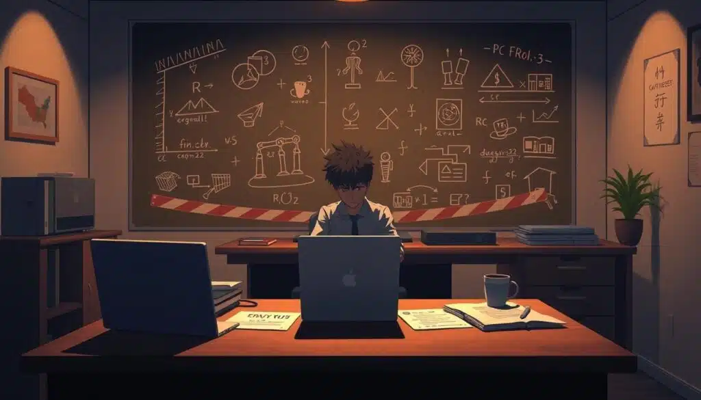 A dimly lit office space, with a desk in the foreground showcasing a laptop, papers, and a cup of coffee. In the middle ground, a person sits at the desk, deep in thought, surrounded by various obstacles symbolizing common pitfalls that can impact the return on investment (ROI) for an online course. The background features a chalkboard or whiteboard with cryptic diagrams and equations, hinting at the complexities involved in optimizing course ROI. The lighting is warm and moody, creating a contemplative atmosphere. The overall scene conveys the idea of overcoming challenges to achieve a successful online course outcome. A dimly lit office space, with a desk in the foreground showcasing a laptop, papers, and a cup of coffee. In the middle ground, a person sits at the desk, deep in thought, surrounded by various obstacles symbolizing common pitfalls that can impact the return on investment (ROI) for an online course. The background features a chalkboard or whiteboard with cryptic diagrams and equations, hinting at the complexities involved in optimizing course ROI. The lighting is warm and moody, creating a contemplative atmosphere. The overall scene conveys the idea of overcoming challenges to achieve a successful online course outcome.