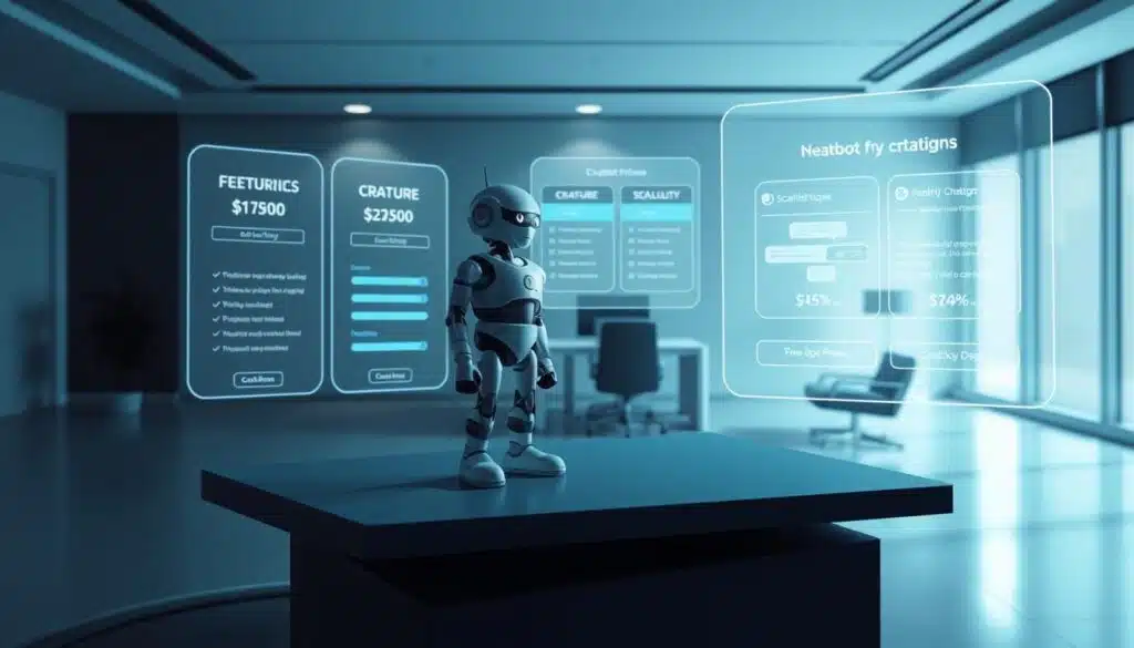 A high-contrast, cinematic scene depicting various chatbot pricing plans and strategies. In the foreground, a detailed 3D model of a chatbot stands atop a sleek, minimalist desk, casting dynamic shadows. In the middle ground, holographic displays showcase different pricing tiers, feature comparisons, and scalability options. The background is a softly lit, modern office setting with clean lines and a subtle color palette, creating a professional, technology-driven atmosphere. The lighting is dramatic, with cool tones and dramatic shadows to convey a sense of innovation and forward-thinking. The overall composition emphasizes the importance of thoughtful pricing and scalability when crafting a custom AI chatbot. A high-contrast, cinematic scene depicting various chatbot pricing plans and strategies. In the foreground, a detailed 3D model of a chatbot stands atop a sleek, minimalist desk, casting dynamic shadows. In the middle ground, holographic displays showcase different pricing tiers, feature comparisons, and scalability options. The background is a softly lit, modern office setting with clean lines and a subtle color palette, creating a professional, technology-driven atmosphere. The lighting is dramatic, with cool tones and dramatic shadows to convey a sense of innovation and forward-thinking. The overall composition emphasizes the importance of thoughtful pricing and scalability when crafting a custom AI chatbot.