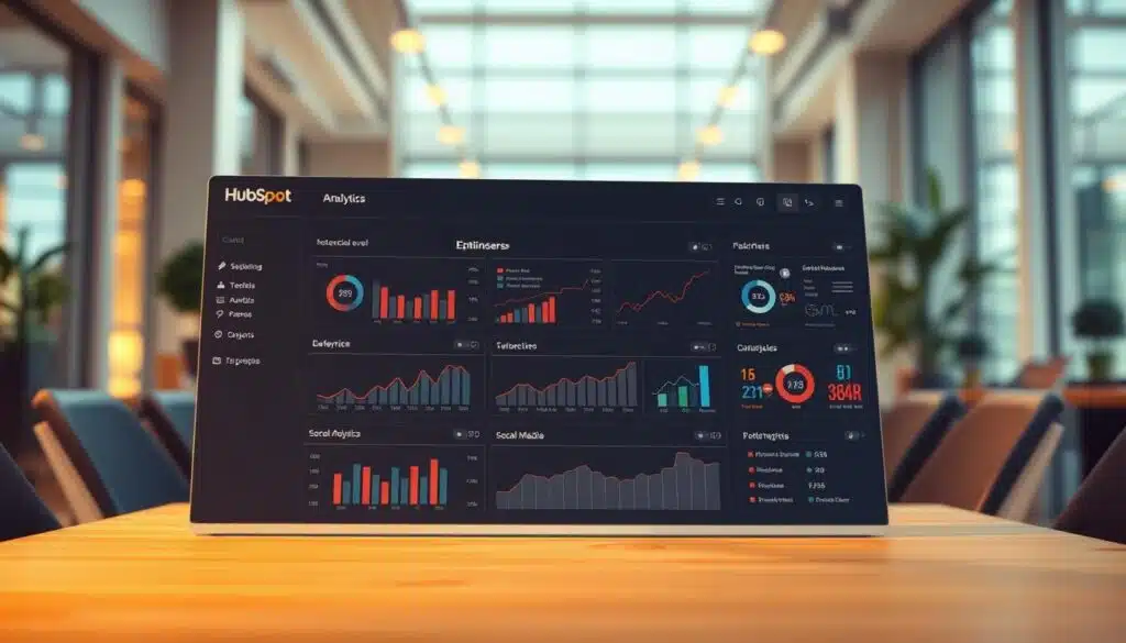 A high-quality, detailed dashboard showing HubSpot's enterprise-level social media analytics. The dashboard occupies the foreground, with a sleek, minimalist design featuring interactive charts, graphs, and metrics tracking key social media performance indicators. The background showcases a blurred, out-of-focus office setting, conveying a professional, business-oriented atmosphere. The lighting is warm and natural, creating depth and dimension. The angle is slightly elevated, giving the viewer a comprehensive overview of the dashboard's features. The overall mood is one of data-driven insights and strategic social media optimization for a large-scale enterprise. A high-quality, detailed dashboard showing HubSpot's enterprise-level social media analytics. The dashboard occupies the foreground, with a sleek, minimalist design featuring interactive charts, graphs, and metrics tracking key social media performance indicators. The background showcases a blurred, out-of-focus office setting, conveying a professional, business-oriented atmosphere. The lighting is warm and natural, creating depth and dimension. The angle is slightly elevated, giving the viewer a comprehensive overview of the dashboard's features. The overall mood is one of data-driven insights and strategic social media optimization for a large-scale enterprise.