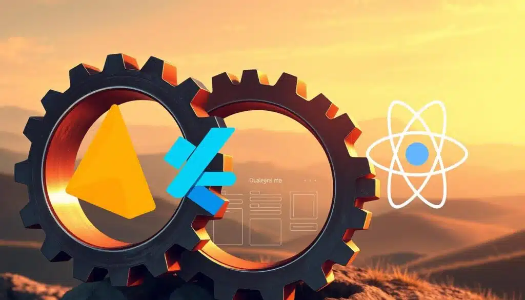 A high-quality, detailed illustration showcasing the synergy between Firebase, Flutter, and React Native in a backend-focused software stack. The foreground depicts a trio of interlocking gears representing the three technologies, their surfaces shimmering with a metallic finish under the warm, diffused lighting. The middle ground features a series of minimalist UI wireframes, hinting at the cross-platform development capabilities. In the background, a serene landscape of rolling hills and a hazy sky evokes a sense of stability and reliability - key attributes of a robust backend infrastructure. The overall composition conveys the seamless integration and scalability of this powerful technology stack. A high-quality, detailed illustration showcasing the synergy between Firebase, Flutter, and React Native in a backend-focused software stack. The foreground depicts a trio of interlocking gears representing the three technologies, their surfaces shimmering with a metallic finish under the warm, diffused lighting. The middle ground features a series of minimalist UI wireframes, hinting at the cross-platform development capabilities. In the background, a serene landscape of rolling hills and a hazy sky evokes a sense of stability and reliability - key attributes of a robust backend infrastructure. The overall composition conveys the seamless integration and scalability of this powerful technology stack.