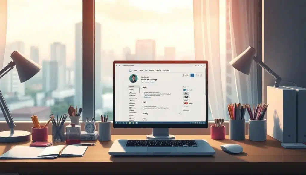 A meticulously composed desktop workspace, bathed in soft, warm lighting from a large window. In the foreground, a modern laptop displays a social media profile settings interface, its clean lines and intuitive layout conveying a sense of control and privacy. Surrounding the laptop, an assortment of carefully curated office supplies and decor elements, each meticulously positioned to create a balanced, harmonious scene. In the background, a blurred cityscape vista, hinting at the user's connectivity to the wider digital world, while the tidy workspace suggests a deliberate, mindful approach to managing their online presence. A meticulously composed desktop workspace, bathed in soft, warm lighting from a large window. In the foreground, a modern laptop displays a social media profile settings interface, its clean lines and intuitive layout conveying a sense of control and privacy. Surrounding the laptop, an assortment of carefully curated office supplies and decor elements, each meticulously positioned to create a balanced, harmonious scene. In the background, a blurred cityscape vista, hinting at the user's connectivity to the wider digital world, while the tidy workspace suggests a deliberate, mindful approach to managing their online presence.