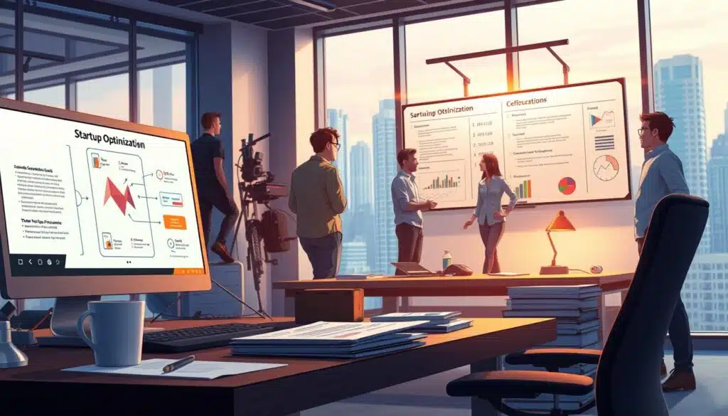 A modern office space with a high-tech startup atmosphere. In the foreground, a developer's desk with a laptop, coffee mug, and a stack of papers. On the screen, a diagram highlighting startup optimization techniques. In the middle ground, a team of engineers collaborating on a wall-mounted whiteboard, discussing code and performance metrics. Soft, ambient lighting casts a warm glow, while large windows in the background offer a cityscape view, symbolizing the fast-paced, technology-driven world. The overall mood is one of focus, innovation, and a drive to optimize app startup and cold launch performance. A modern office space with a high-tech startup atmosphere. In the foreground, a developer's desk with a laptop, coffee mug, and a stack of papers. On the screen, a diagram highlighting startup optimization techniques. In the middle ground, a team of engineers collaborating on a wall-mounted whiteboard, discussing code and performance metrics. Soft, ambient lighting casts a warm glow, while large windows in the background offer a cityscape view, symbolizing the fast-paced, technology-driven world. The overall mood is one of focus, innovation, and a drive to optimize app startup and cold launch performance.