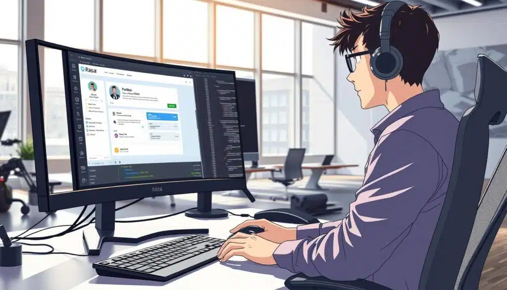 A modern, well-lit software engineering workstation, with a large curved monitor displaying a Rasa chatbot interface. The foreground features an ergonomic keyboard and mouse, meticulously arranged for optimal productivity. In the middle ground, a developer is intently focused on customizing the Rasa platform, lines of code visible on the screen. The background showcases a minimalist, open-concept office space with large windows, allowing natural light to flood the scene. The overall atmosphere conveys a sense of technical mastery, creativity, and a passion for building innovative conversational experiences. A modern, well-lit software engineering workstation, with a large curved monitor displaying a Rasa chatbot interface. The foreground features an ergonomic keyboard and mouse, meticulously arranged for optimal productivity. In the middle ground, a developer is intently focused on customizing the Rasa platform, lines of code visible on the screen. The background showcases a minimalist, open-concept office space with large windows, allowing natural light to flood the scene. The overall atmosphere conveys a sense of technical mastery, creativity, and a passion for building innovative conversational experiences.