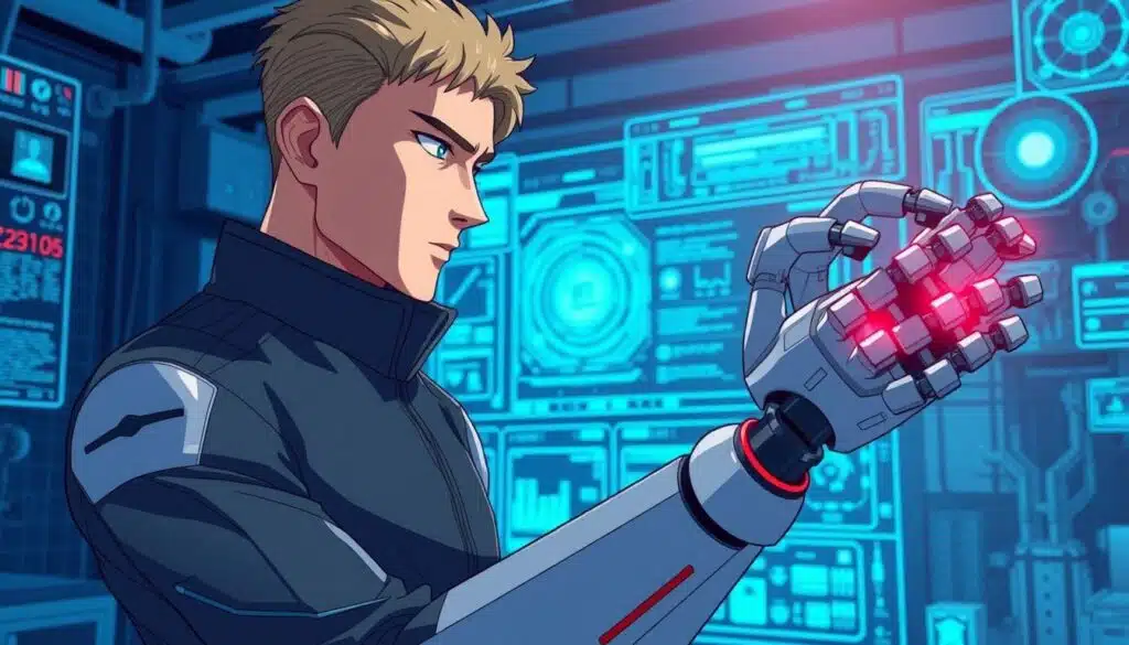 A robotics AI engineer, clad in a sleek, futuristic jumpsuit, stands before a complex array of holographic displays and robotic components. The engineer's face is intense, brows furrowed in concentration, as they manipulate the digital interfaces with nimble fingers. The laboratory backdrop is bathed in a cool, blue-tinted lighting, creating a sense of technological sophistication. In the foreground, a state-of-the-art robotic arm extends, its metallic limbs moving with precision, conveying the engineer's mastery of both software and the physical world. The scene exudes an atmosphere of innovation, problem-solving, and the seamless integration of artificial intelligence and robotics. A robotics AI engineer, clad in a sleek, futuristic jumpsuit, stands before a complex array of holographic displays and robotic components. The engineer's face is intense, brows furrowed in concentration, as they manipulate the digital interfaces with nimble fingers. The laboratory backdrop is bathed in a cool, blue-tinted lighting, creating a sense of technological sophistication. In the foreground, a state-of-the-art robotic arm extends, its metallic limbs moving with precision, conveying the engineer's mastery of both software and the physical world. The scene exudes an atmosphere of innovation, problem-solving, and the seamless integration of artificial intelligence and robotics.
