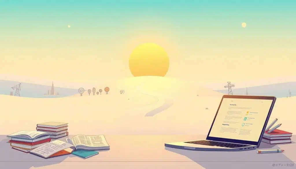 A self-taught AI pathway, illuminated by a warm, soft light, unfolds in a serene, minimalist landscape. In the foreground, a laptop and various learning materials - books, coding interfaces, and certification documents - suggest a dedicated, hands-on approach. The middle ground features a winding path leading to a rising sun, symbolizing the journey of continuous growth and upskilling. In the background, a subtle, futuristic cityscape hints at the dynamic, tech-driven environment where these skills will thrive. The overall composition conveys a sense of personal agency, determination, and the boundless possibilities of a self-directed AI career. A self-taught AI pathway, illuminated by a warm, soft light, unfolds in a serene, minimalist landscape. In the foreground, a laptop and various learning materials - books, coding interfaces, and certification documents - suggest a dedicated, hands-on approach. The middle ground features a winding path leading to a rising sun, symbolizing the journey of continuous growth and upskilling. In the background, a subtle, futuristic cityscape hints at the dynamic, tech-driven environment where these skills will thrive. The overall composition conveys a sense of personal agency, determination, and the boundless possibilities of a self-directed AI career.