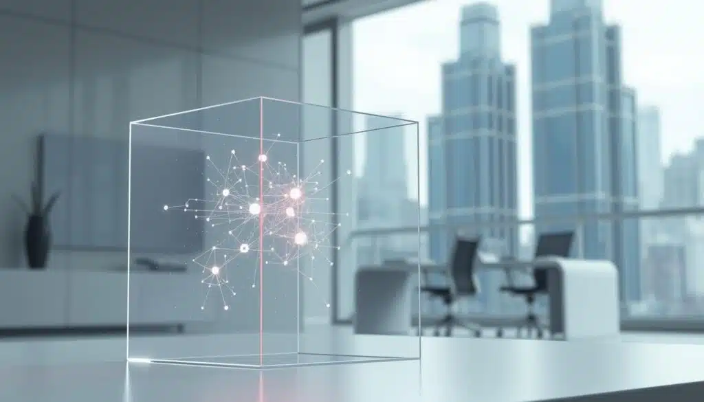 A serene, minimalist scene depicting the concept of AI data privacy. In the foreground, a translucent cube made of glass or crystal, symbolizing the fragility and transparency of digital data. Within the cube, abstract data visualizations in the form of glowing lines and shapes, representing the complex web of information. The middle ground features a sleek, modern office setting with clean lines and muted colors, suggesting a professional, high-tech environment. In the background, a blurred cityscape with towering skyscrapers, conveying the scale and ubiquity of AI-driven technology. Soft, diffuse lighting casts a contemplative, almost ethereal atmosphere, inviting the viewer to ponder the delicate balance between technological progress and personal privacy. A serene, minimalist scene depicting the concept of AI data privacy. In the foreground, a translucent cube made of glass or crystal, symbolizing the fragility and transparency of digital data. Within the cube, abstract data visualizations in the form of glowing lines and shapes, representing the complex web of information. The middle ground features a sleek, modern office setting with clean lines and muted colors, suggesting a professional, high-tech environment. In the background, a blurred cityscape with towering skyscrapers, conveying the scale and ubiquity of AI-driven technology. Soft, diffuse lighting casts a contemplative, almost ethereal atmosphere, inviting the viewer to ponder the delicate balance between technological progress and personal privacy.