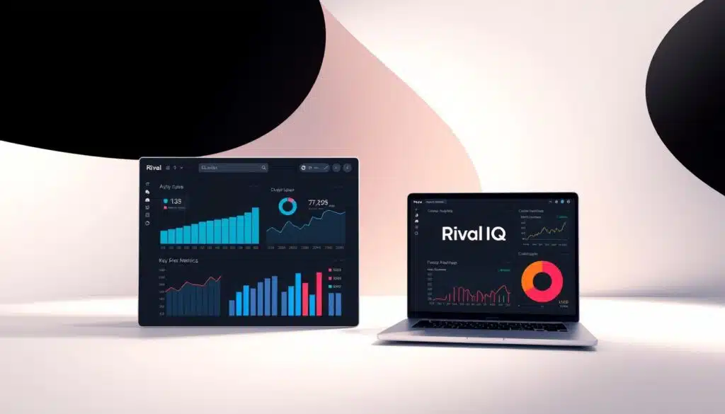 A sleek, modern analytics dashboard showcasing the Rival IQ brand. In the foreground, a minimalist web interface displays charts, graphs, and key performance metrics. The middle ground features a laptop or desktop computer displaying the Rival IQ logo and application interface, set against a backdrop of abstract data visualization elements. The background is a soft, gradient-driven environment, evoking a sense of technological prowess and data-driven insights. The lighting is clean and directional, casting subtle shadows and highlights to accentuate the product's design. The overall composition strikes a balance between functionality and visual appeal, reflecting the analytical power and user-friendly nature of the Rival IQ platform. A sleek, modern analytics dashboard showcasing the Rival IQ brand. In the foreground, a minimalist web interface displays charts, graphs, and key performance metrics. The middle ground features a laptop or desktop computer displaying the Rival IQ logo and application interface, set against a backdrop of abstract data visualization elements. The background is a soft, gradient-driven environment, evoking a sense of technological prowess and data-driven insights. The lighting is clean and directional, casting subtle shadows and highlights to accentuate the product's design. The overall composition strikes a balance between functionality and visual appeal, reflecting the analytical power and user-friendly nature of the Rival IQ platform.