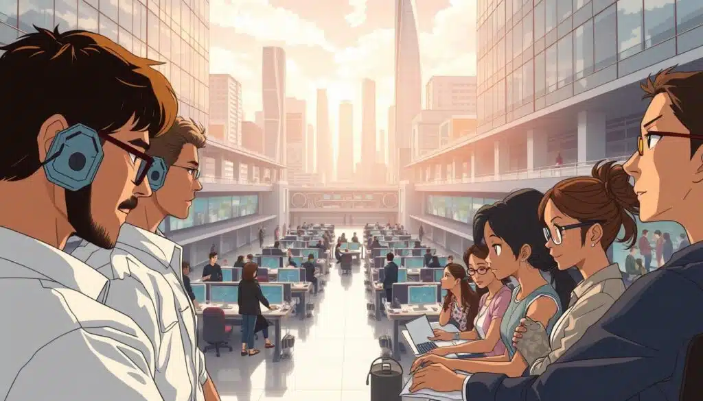 A sprawling, well-equipped AI retraining center in a bustling urban setting. In the foreground, a group of diverse workers engrossed in hands-on training with cutting-edge AI systems, their faces alight with concentration. The middle ground reveals a vast, light-filled atrium filled with banks of computer terminals and collaborative workspaces. In the background, the sleek, angular silhouettes of skyscrapers rise against a softly clouded sky, suggesting a thriving tech hub. The overall scene conveys a sense of innovation, opportunity, and a commitment to equipping the workforce for the evolving AI-driven job market. Lit by warm, diffuse lighting that casts gentle shadows, the image exudes a tone of optimism and empowerment. A sprawling, well-equipped AI retraining center in a bustling urban setting. In the foreground, a group of diverse workers engrossed in hands-on training with cutting-edge AI systems, their faces alight with concentration. The middle ground reveals a vast, light-filled atrium filled with banks of computer terminals and collaborative workspaces. In the background, the sleek, angular silhouettes of skyscrapers rise against a softly clouded sky, suggesting a thriving tech hub. The overall scene conveys a sense of innovation, opportunity, and a commitment to equipping the workforce for the evolving AI-driven job market. Lit by warm, diffuse lighting that casts gentle shadows, the image exudes a tone of optimism and empowerment.