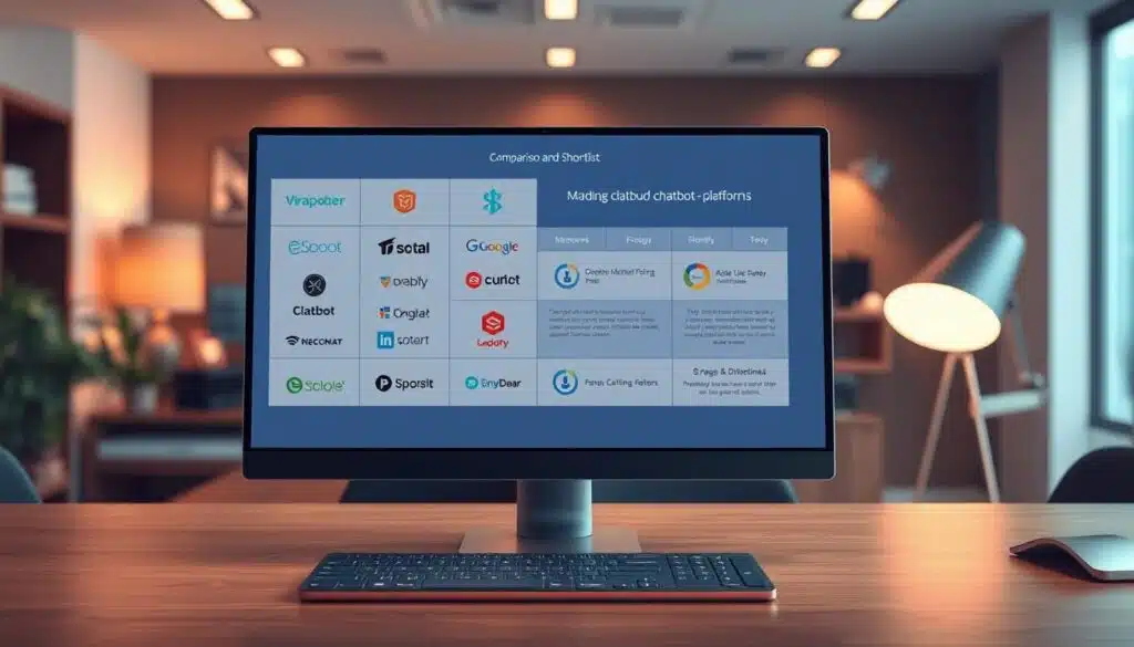 A stylish and professional comparison of leading chatbot platforms, presented on a sleek, minimalist desktop. In the foreground, a clean grid of chatbot logos and names, meticulously arranged to convey a sense of thoughtful curation. The middle ground features subtle infographic elements, conveying key details about each platform's capabilities through elegant data visualization. The background depicts a sophisticated office setting, with warm lighting, muted tones, and a sense of refined productivity, setting the tone for a considered business decision. The overall composition exudes an air of authority, expertise, and informed decision-making, perfectly suited to illustrate the "Comparison and Shortlist" section of the article. A stylish and professional comparison of leading chatbot platforms, presented on a sleek, minimalist desktop. In the foreground, a clean grid of chatbot logos and names, meticulously arranged to convey a sense of thoughtful curation. The middle ground features subtle infographic elements, conveying key details about each platform's capabilities through elegant data visualization. The background depicts a sophisticated office setting, with warm lighting, muted tones, and a sense of refined productivity, setting the tone for a considered business decision. The overall composition exudes an air of authority, expertise, and informed decision-making, perfectly suited to illustrate the "Comparison and Shortlist" section of the article.