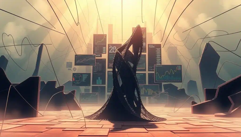 A surreal digital landscape, where lines and shapes form a maze-like structure, representing the intricate nature of algorithmic bias. The foreground features a towering, abstract data sculpture, its geometric forms twisting and distorting, symbolizing the biases and inconsistencies embedded within machine learning algorithms. In the middle ground, fragmented digital displays showcase conflicting data visualizations, hinting at the challenges of achieving fairness and transparency. The background is a hazy, neon-tinged realm, evoking the complex, ever-evolving nature of the digital world. Dramatic lighting casts long, angular shadows, adding depth and a sense of unease to the scene. The overall mood is one of unsettling complexity, inviting the viewer to ponder the invisible forces at play within the digital realm. A surreal digital landscape, where lines and shapes form a maze-like structure, representing the intricate nature of algorithmic bias. The foreground features a towering, abstract data sculpture, its geometric forms twisting and distorting, symbolizing the biases and inconsistencies embedded within machine learning algorithms. In the middle ground, fragmented digital displays showcase conflicting data visualizations, hinting at the challenges of achieving fairness and transparency. The background is a hazy, neon-tinged realm, evoking the complex, ever-evolving nature of the digital world. Dramatic lighting casts long, angular shadows, adding depth and a sense of unease to the scene. The overall mood is one of unsettling complexity, inviting the viewer to ponder the invisible forces at play within the digital realm.