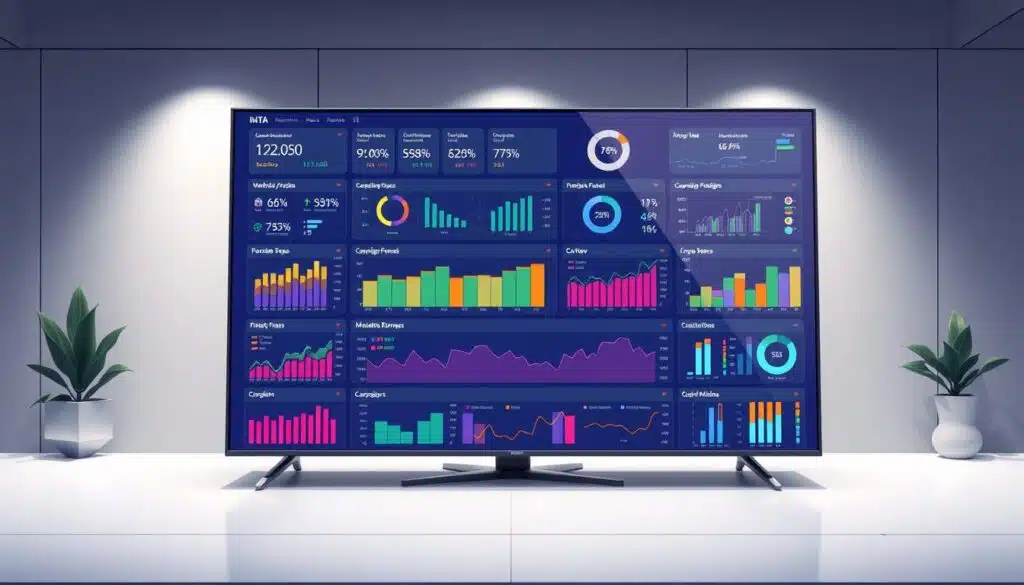 A vibrant data visualization dashboard displaying real-time performance metrics and analytics on a sleek, high-resolution display. The foreground features a variety of interactive graphs, charts, and infographics that provide deep insights into key performance indicators such as website traffic, engagement rates, conversion funnels, and campaign ROI. The middle ground showcases a comprehensive overview of marketing campaign performance, with colorful trend lines and KPI breakdowns. The background depicts a sophisticated, minimalist workspace with clean lines, muted tones, and subtle lighting that creates a professional, analytical atmosphere. The overall scene conveys a sense of data-driven decision making and strategic optimization for sustained business growth. A vibrant data visualization dashboard displaying real-time performance metrics and analytics on a sleek, high-resolution display. The foreground features a variety of interactive graphs, charts, and infographics that provide deep insights into key performance indicators such as website traffic, engagement rates, conversion funnels, and campaign ROI. The middle ground showcases a comprehensive overview of marketing campaign performance, with colorful trend lines and KPI breakdowns. The background depicts a sophisticated, minimalist workspace with clean lines, muted tones, and subtle lighting that creates a professional, analytical atmosphere. The overall scene conveys a sense of data-driven decision making and strategic optimization for sustained business growth.