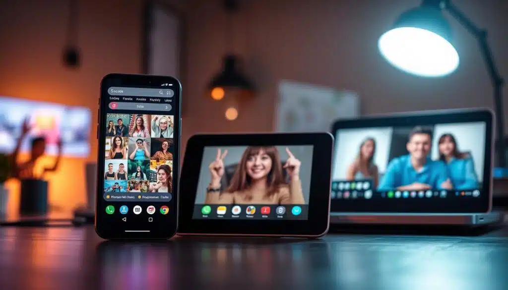 A vibrant digital display showcasing a variety of interactive social media content. In the foreground, a sleek smartphone screen depicts a dynamic social feed with colorful icons, video thumbnails, and user avatars. The middle ground features a tablet displaying an augmented reality filter, while in the background, a laptop screen shows a live video chat. The scene is bathed in warm, diffused lighting, creating a contemporary and engaging atmosphere. The overall composition conveys the energy and interactivity of modern social media platforms. A vibrant digital display showcasing a variety of interactive social media content. In the foreground, a sleek smartphone screen depicts a dynamic social feed with colorful icons, video thumbnails, and user avatars. The middle ground features a tablet displaying an augmented reality filter, while in the background, a laptop screen shows a live video chat. The scene is bathed in warm, diffused lighting, creating a contemporary and engaging atmosphere. The overall composition conveys the energy and interactivity of modern social media platforms.