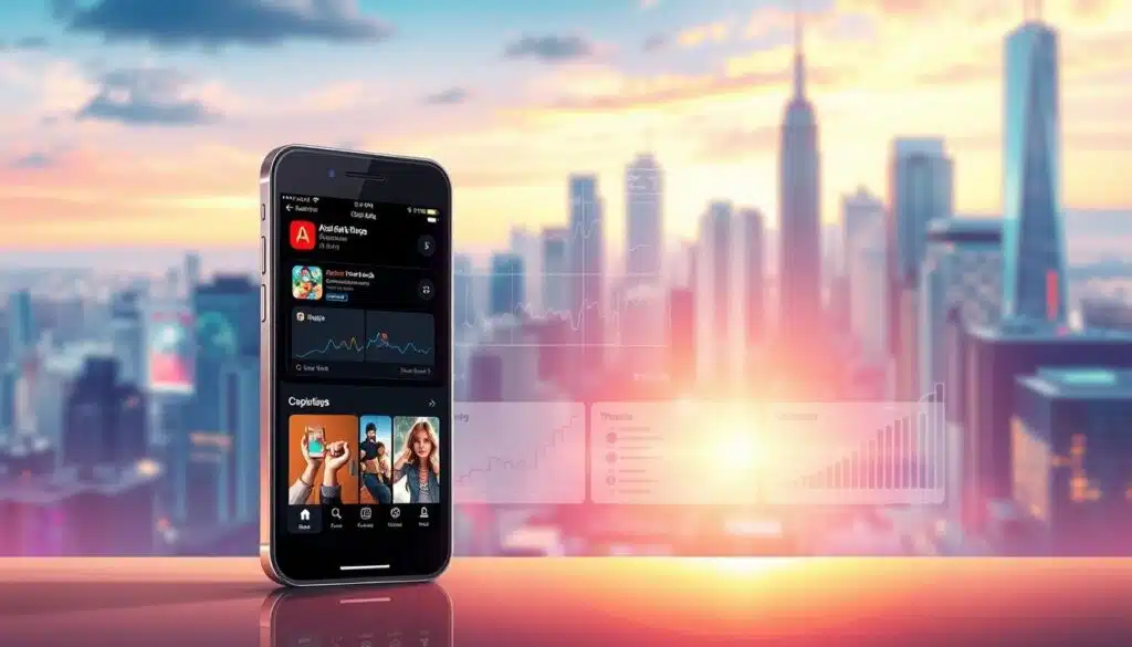 A vibrant mobile app storefront showcasing the power of App Store Optimization. In the foreground, a sleek, modern smartphone displays a well-designed app page with compelling visuals, enticing screenshots, and a persuasive app description. In the middle ground, abstract graphs, charts, and analytics dashboards illustrate the metrics and insights crucial for optimizing app visibility and discoverability. The background features a dynamic, gradient-filled cityscape, symbolizing the competitive digital landscape where apps must thrive. Warm, diffused lighting casts a gentle glow, creating a sense of authority and professionalism. The overall composition conveys the strategic importance of App Store Optimization for driving organic app installs and boosting mobile app revenue. A vibrant mobile app storefront showcasing the power of App Store Optimization. In the foreground, a sleek, modern smartphone displays a well-designed app page with compelling visuals, enticing screenshots, and a persuasive app description. In the middle ground, abstract graphs, charts, and analytics dashboards illustrate the metrics and insights crucial for optimizing app visibility and discoverability. The background features a dynamic, gradient-filled cityscape, symbolizing the competitive digital landscape where apps must thrive. Warm, diffused lighting casts a gentle glow, creating a sense of authority and professionalism. The overall composition conveys the strategic importance of App Store Optimization for driving organic app installs and boosting mobile app revenue.