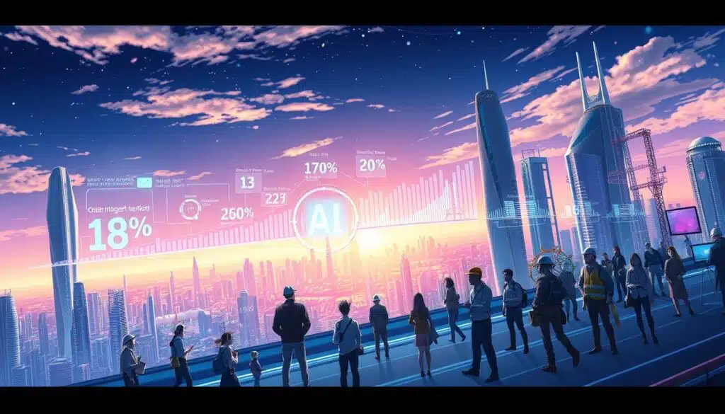 A visually striking illustration of the AI adoption timeline, showcasing the rapid technological advancement and its profound impact on the job market. The scene depicts a sleek, futuristic cityscape, with towering skyscrapers and gleaming futuristic structures. In the foreground, a holographic timeline unfolds, charting the exponential growth of AI capabilities over the years, represented by vibrant, dynamic data visualizations. The middle ground features a diverse workforce, from office workers to industrial laborers, as they navigate the changing landscape, with a sense of both excitement and trepidation. The background features a panoramic view of the city, bathed in a warm, golden light, hinting at the transformative potential of AI, while subtle hints of uncertainty linger in the atmosphere. A visually striking illustration of the AI adoption timeline, showcasing the rapid technological advancement and its profound impact on the job market. The scene depicts a sleek, futuristic cityscape, with towering skyscrapers and gleaming futuristic structures. In the foreground, a holographic timeline unfolds, charting the exponential growth of AI capabilities over the years, represented by vibrant, dynamic data visualizations. The middle ground features a diverse workforce, from office workers to industrial laborers, as they navigate the changing landscape, with a sense of both excitement and trepidation. The background features a panoramic view of the city, bathed in a warm, golden light, hinting at the transformative potential of AI, while subtle hints of uncertainty linger in the atmosphere.