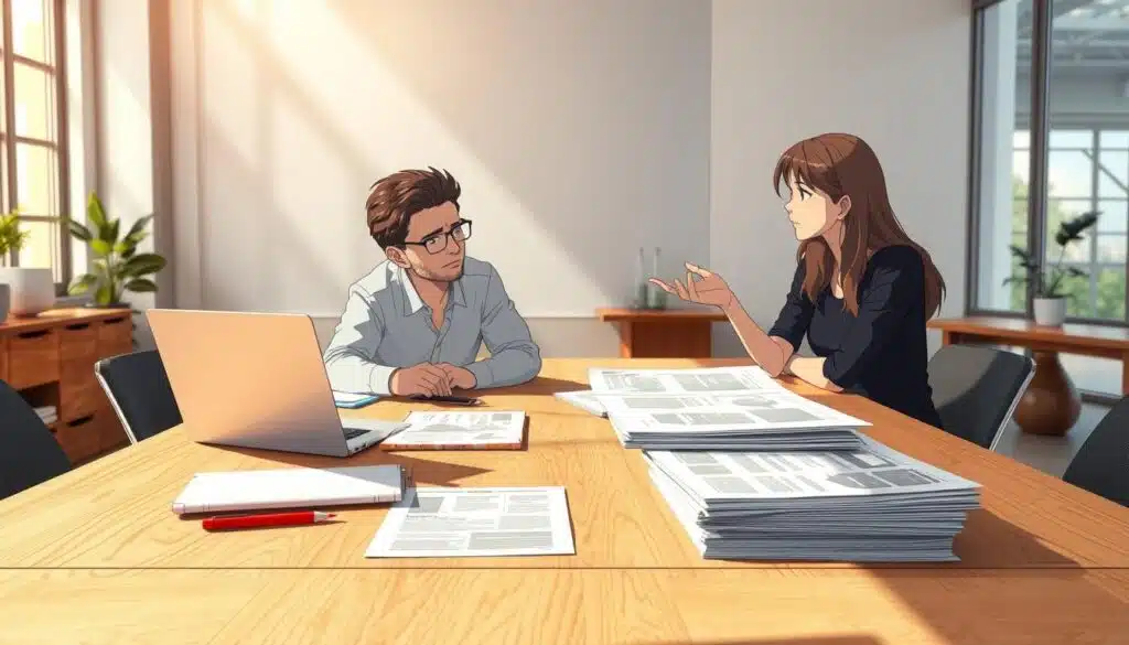 A well-lit, modern office setting with a large wooden table in the foreground. On the table, various design materials are neatly arranged: a sleek laptop, a sketchpad, pens, and a stack of PDF documents. Two designers, one male and one female, are seated at the table, engaged in a thoughtful discussion, gesturing towards the documents. Soft, natural lighting filters in through large windows, creating a warm, professional atmosphere. The background features minimalist decor, hinting at a design studio or creative agency environment. The overall mood is one of collaborative critique and refinement, reflecting the process of polishing a PDF design project. A well-lit, modern office setting with a large wooden table in the foreground. On the table, various design materials are neatly arranged: a sleek laptop, a sketchpad, pens, and a stack of PDF documents. Two designers, one male and one female, are seated at the table, engaged in a thoughtful discussion, gesturing towards the documents. Soft, natural lighting filters in through large windows, creating a warm, professional atmosphere. The background features minimalist decor, hinting at a design studio or creative agency environment. The overall mood is one of collaborative critique and refinement, reflecting the process of polishing a PDF design project.