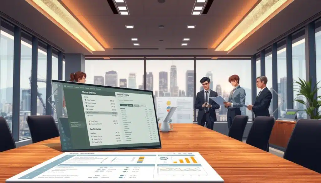 A well-lit office interior, with a large wooden desk in the foreground. On the desk, a laptop displays an intricate user interface, showcasing data privacy settings and audit logs. In the middle ground, a team of analysts in formal attire review documents and confer, their expressions serious and focused. The background features floor-to-ceiling windows overlooking a bustling city skyline, conveying a sense of professionalism and diligence. Soft, warm lighting casts a reassuring glow, while the overall mood is one of thoughtful, meticulous attention to data security and compliance. A well-lit office interior, with a large wooden desk in the foreground. On the desk, a laptop displays an intricate user interface, showcasing data privacy settings and audit logs. In the middle ground, a team of analysts in formal attire review documents and confer, their expressions serious and focused. The background features floor-to-ceiling windows overlooking a bustling city skyline, conveying a sense of professionalism and diligence. Soft, warm lighting casts a reassuring glow, while the overall mood is one of thoughtful, meticulous attention to data security and compliance.