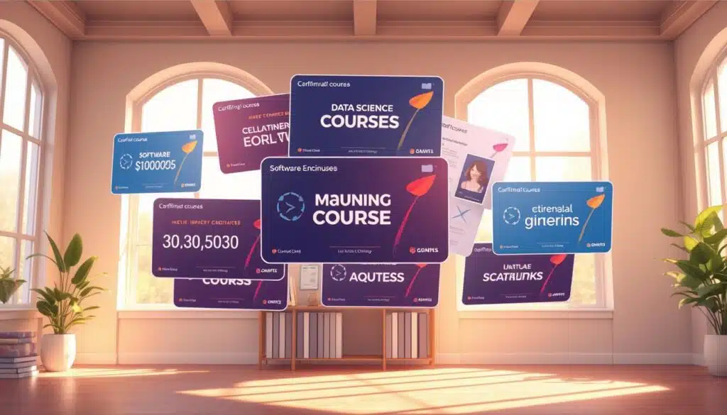 An assortment of high-impact online courses float in a serene, light-filled study space. Carefully curated certificates in fields like data science, software engineering, and digital marketing are prominently displayed, their icons and titles gleaming against a muted, pastel-hued backdrop. The courses are arranged in a visually appealing, asymmetrical layout, suggesting a thoughtful curation process. Warm, natural lighting filters in from large windows, casting a soft glow and creating a sense of contemplation and opportunity. The overall scene conveys the promise of educational investments that can truly maximize one's return. An assortment of high-impact online courses float in a serene, light-filled study space. Carefully curated certificates in fields like data science, software engineering, and digital marketing are prominently displayed, their icons and titles gleaming against a muted, pastel-hued backdrop. The courses are arranged in a visually appealing, asymmetrical layout, suggesting a thoughtful curation process. Warm, natural lighting filters in from large windows, casting a soft glow and creating a sense of contemplation and opportunity. The overall scene conveys the promise of educational investments that can truly maximize one's return.