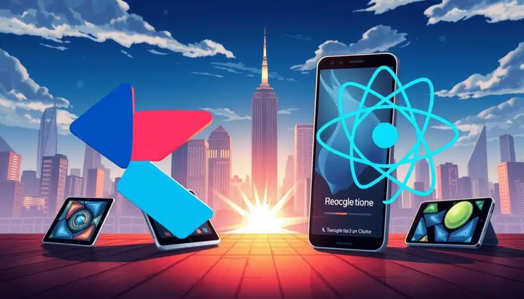 An epic visual clash between two titans of mobile app development - Flutter and React Native. A clean, minimalist composition showcases the distinct identities of these frameworks. In the foreground, abstract representations of their unique architectures and philosophies collide, with bold colors and dynamic shapes. The middle ground reveals sleek, futuristic devices displaying the diverse app experiences they enable. In the background, a hi-tech cityscape sets the stage, hinting at the cutting-edge capabilities and cross-platform versatility of these frameworks. Dramatic lighting and a cinematic perspective lend an air of prestige and innovation to the scene, capturing the essence of the "Flutter vs React Native" showdown. An epic visual clash between two titans of mobile app development - Flutter and React Native. A clean, minimalist composition showcases the distinct identities of these frameworks. In the foreground, abstract representations of their unique architectures and philosophies collide, with bold colors and dynamic shapes. The middle ground reveals sleek, futuristic devices displaying the diverse app experiences they enable. In the background, a hi-tech cityscape sets the stage, hinting at the cutting-edge capabilities and cross-platform versatility of these frameworks. Dramatic lighting and a cinematic perspective lend an air of prestige and innovation to the scene, capturing the essence of the "Flutter vs React Native" showdown.