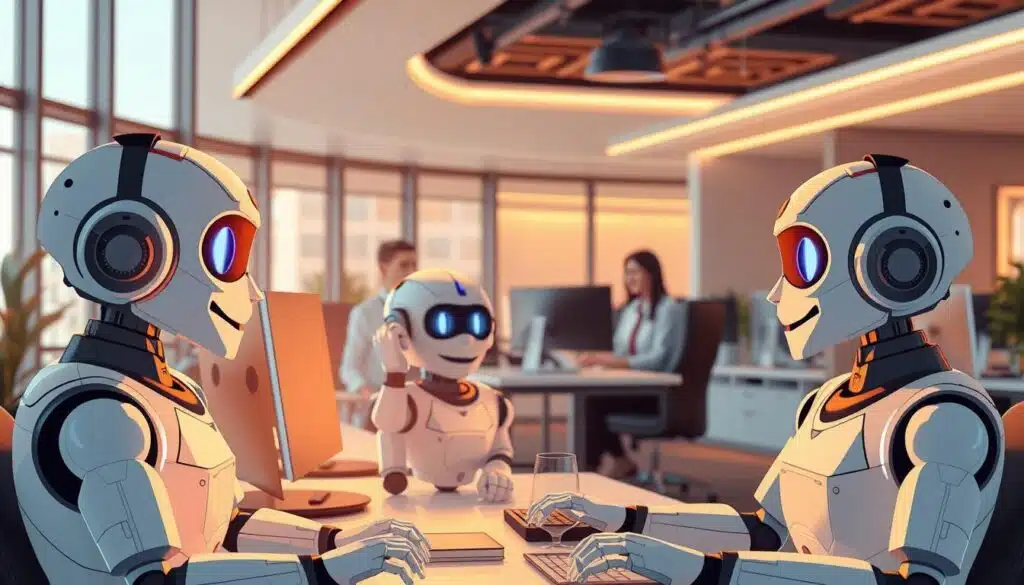 An interior scene of a customer service call center, bathed in warm lighting. In the foreground, three AI chatbots engage in friendly conversations with customers, their expressive faces and gestures conveying empathy and understanding. In the middle ground, a team of human agents monitor the chatbots' performance, providing guidance and support. The background features a sleek, modern office environment with minimalist decor, large windows, and a serene, professional atmosphere. The overall mood is one of efficiency, collaboration, and a dedication to delivering exceptional customer service. An interior scene of a customer service call center, bathed in warm lighting. In the foreground, three AI chatbots engage in friendly conversations with customers, their expressive faces and gestures conveying empathy and understanding. In the middle ground, a team of human agents monitor the chatbots' performance, providing guidance and support. The background features a sleek, modern office environment with minimalist decor, large windows, and a serene, professional atmosphere. The overall mood is one of efficiency, collaboration, and a dedication to delivering exceptional customer service.
