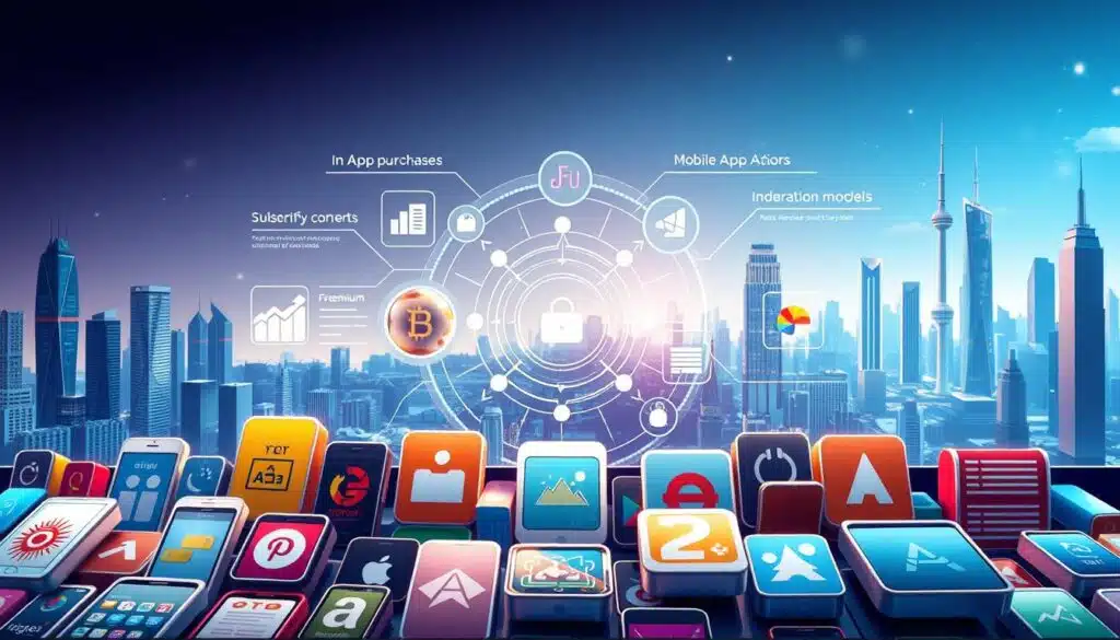 a detailed, photorealistic illustration of various mobile app monetization models, showing different revenue streams and monetization strategies. The foreground depicts a diverse set of app icons representing different monetization approaches such as in-app purchases, subscriptions, advertisements, and freemium models. The middle ground showcases a holistic visualization of these models, with geometric shapes, charts, and infographic elements. The background features a sleek, modern cityscape with skyscrapers and technology-inspired landscapes, conveying a sense of scale, innovation, and the broader digital ecosystem. The lighting is crisp and directional, creating depth and emphasizing the key monetization concepts. The overall mood is professional, authoritative, and visually compelling, reflecting the subject matter of the article. a detailed, photorealistic illustration of various mobile app monetization models, showing different revenue streams and monetization strategies. The foreground depicts a diverse set of app icons representing different monetization approaches such as in-app purchases, subscriptions, advertisements, and freemium models. The middle ground showcases a holistic visualization of these models, with geometric shapes, charts, and infographic elements. The background features a sleek, modern cityscape with skyscrapers and technology-inspired landscapes, conveying a sense of scale, innovation, and the broader digital ecosystem. The lighting is crisp and directional, creating depth and emphasizing the key monetization concepts. The overall mood is professional, authoritative, and visually compelling, reflecting the subject matter of the article.