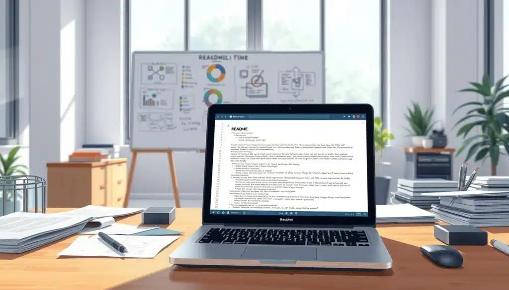 A bright, well-lit office scene with a developer's desk in the foreground. On the desk, a laptop displays a meticulously formatted README file, the focal point of the image. Surrounding the laptop, various development tools and documents, conveying a sense of intentional, organized workflow. In the middle ground, a whiteboard covered in diagrams and notes, reflecting the collaborative nature of README-driven development. The background depicts a modern, minimalist office space, with large windows allowing natural light to flood the room, creating a productive, focused atmosphere. The overall impression is one of efficiency, attention to detail, and a commitment to clear, documentation-centered practices. A bright, well-lit office scene with a developer's desk in the foreground. On the desk, a laptop displays a meticulously formatted README file, the focal point of the image. Surrounding the laptop, various development tools and documents, conveying a sense of intentional, organized workflow. In the middle ground, a whiteboard covered in diagrams and notes, reflecting the collaborative nature of README-driven development. The background depicts a modern, minimalist office space, with large windows allowing natural light to flood the room, creating a productive, focused atmosphere. The overall impression is one of efficiency, attention to detail, and a commitment to clear, documentation-centered practices.