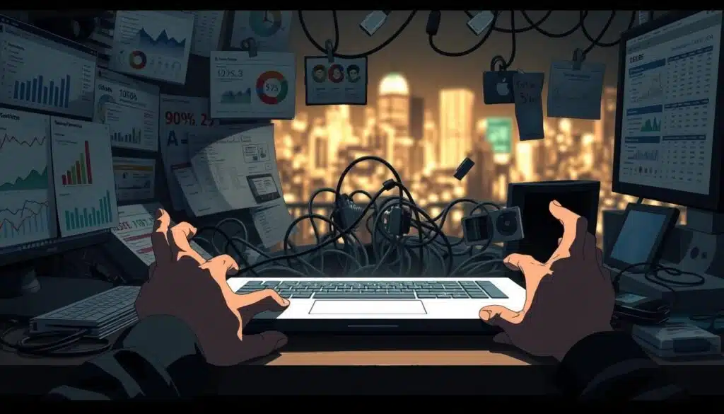 A chaotic desktop cluttered with outdated analytics dashboards, fragmented social media metrics, and conflicting data points. Dim lighting casts long shadows, creating a sense of confusion and frustration. In the foreground, a person's hands grip the sides of a laptop, their expression one of exasperation. The middle ground features a tangle of cables and various devices, symbolizing the complexity of modern social media tracking. In the background, a blurred cityscape suggests the fast-paced, ever-changing nature of the digital landscape. The overall mood conveys the common pitfalls of social media performance tracking and the need for a more organized, holistic approach. A chaotic desktop cluttered with outdated analytics dashboards, fragmented social media metrics, and conflicting data points. Dim lighting casts long shadows, creating a sense of confusion and frustration. In the foreground, a person's hands grip the sides of a laptop, their expression one of exasperation. The middle ground features a tangle of cables and various devices, symbolizing the complexity of modern social media tracking. In the background, a blurred cityscape suggests the fast-paced, ever-changing nature of the digital landscape. The overall mood conveys the common pitfalls of social media performance tracking and the need for a more organized, holistic approach.