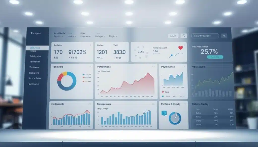 A clean, minimalist dashboard with a crisp, modern interface. The foreground displays various metrics and analytics related to social media performance, such as follower growth, engagement rates, and sentiment analysis. The middle ground showcases visually appealing data visualizations, charts, and graphs to provide a clear overview of key performance indicators. The background features a subtle, blurred cityscape or technology-inspired backdrop, conveying a sense of professionalism and innovation. The lighting is soft and evenly distributed, creating a well-balanced and visually pleasing composition. The overall atmosphere is one of clarity, efficiency, and data-driven decision-making. A clean, minimalist dashboard with a crisp, modern interface. The foreground displays various metrics and analytics related to social media performance, such as follower growth, engagement rates, and sentiment analysis. The middle ground showcases visually appealing data visualizations, charts, and graphs to provide a clear overview of key performance indicators. The background features a subtle, blurred cityscape or technology-inspired backdrop, conveying a sense of professionalism and innovation. The lighting is soft and evenly distributed, creating a well-balanced and visually pleasing composition. The overall atmosphere is one of clarity, efficiency, and data-driven decision-making.