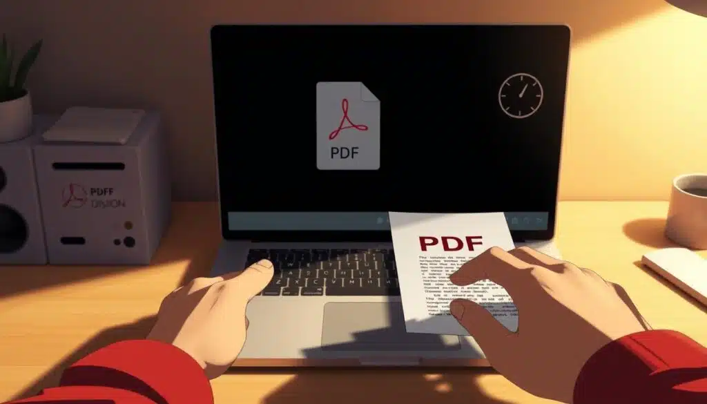 A clean, minimalist desktop with a laptop computer, its screen displaying a PDF document. The PDF file has a circular gauge icon on the top right, indicating its status. The desktop is bathed in warm, indirect lighting, creating a focused, productive atmosphere. In the foreground, a pair of hands carefully manipulate the PDF, effortlessly removing unnecessary objects and metadata, optimizing the file for web use. The overall scene conveys a sense of organization, efficiency, and attention to detail. A clean, minimalist desktop with a laptop computer, its screen displaying a PDF document. The PDF file has a circular gauge icon on the top right, indicating its status. The desktop is bathed in warm, indirect lighting, creating a focused, productive atmosphere. In the foreground, a pair of hands carefully manipulate the PDF, effortlessly removing unnecessary objects and metadata, optimizing the file for web use. The overall scene conveys a sense of organization, efficiency, and attention to detail.