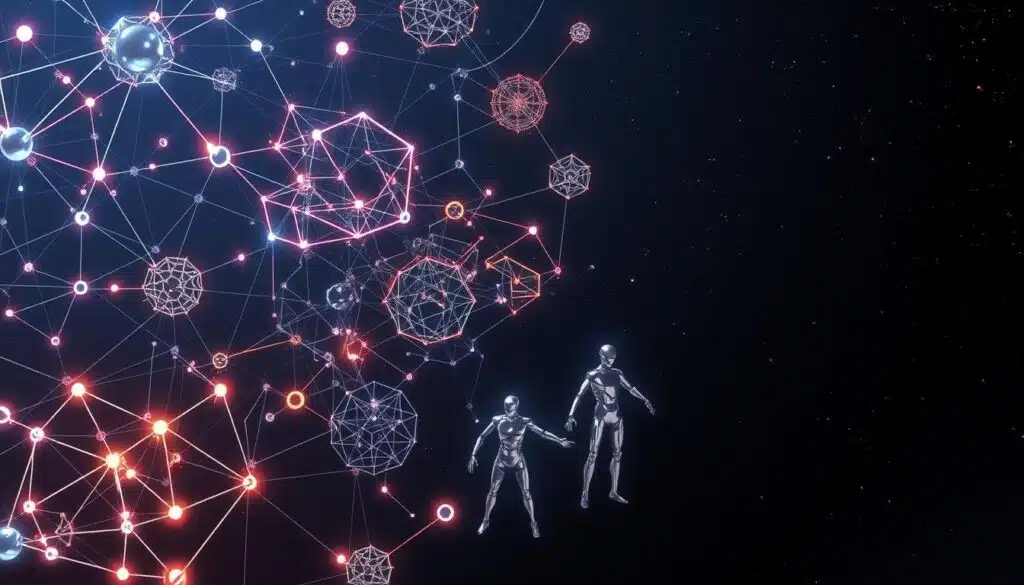 A complex network of interconnected algorithms, shimmering with a metallic sheen, suspended in a sleek, minimalist composition. The foreground showcases various search algorithm visualizations - intricate webs, geometric patterns, and data structures pulsing with luminous energy. The middle ground features a trio of chrome-plated robotic figures, their limbs extended as if manipulating the algorithms. In the background, a vast expanse of darkened space, punctuated by the occasional flicker of stars, conveys the vastness and power of these unseen computational processes that power AI search. A complex network of interconnected algorithms, shimmering with a metallic sheen, suspended in a sleek, minimalist composition. The foreground showcases various search algorithm visualizations - intricate webs, geometric patterns, and data structures pulsing with luminous energy. The middle ground features a trio of chrome-plated robotic figures, their limbs extended as if manipulating the algorithms. In the background, a vast expanse of darkened space, punctuated by the occasional flicker of stars, conveys the vastness and power of these unseen computational processes that power AI search.