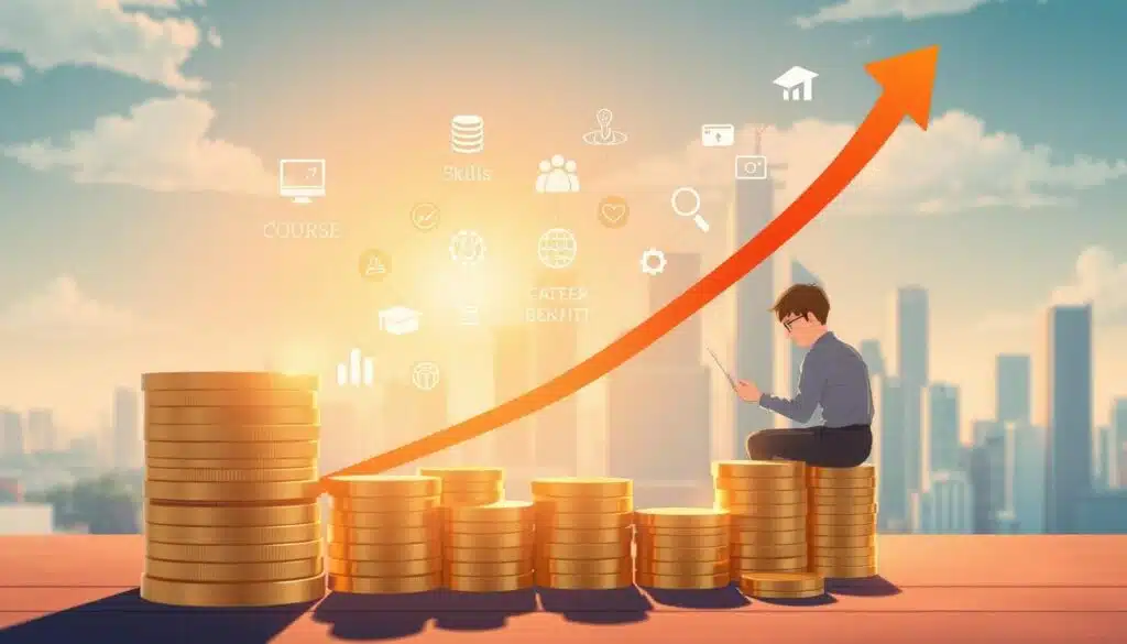 A detailed infographic depicting the return on investment (ROI) of self-paced learning. In the foreground, a stack of coins represents the cost of the course, while a rising arrow indicates the financial and career benefits gained. In the middle ground, a person is shown engaged in online learning, surrounded by icons symbolizing skills, productivity, and career advancement. The background features a cityscape with skyscrapers, suggesting the professional opportunities unlocked through self-paced education. The scene is illuminated by warm, golden lighting, conveying a sense of growth, prosperity, and personal empowerment. A detailed infographic depicting the return on investment (ROI) of self-paced learning. In the foreground, a stack of coins represents the cost of the course, while a rising arrow indicates the financial and career benefits gained. In the middle ground, a person is shown engaged in online learning, surrounded by icons symbolizing skills, productivity, and career advancement. The background features a cityscape with skyscrapers, suggesting the professional opportunities unlocked through self-paced education. The scene is illuminated by warm, golden lighting, conveying a sense of growth, prosperity, and personal empowerment.